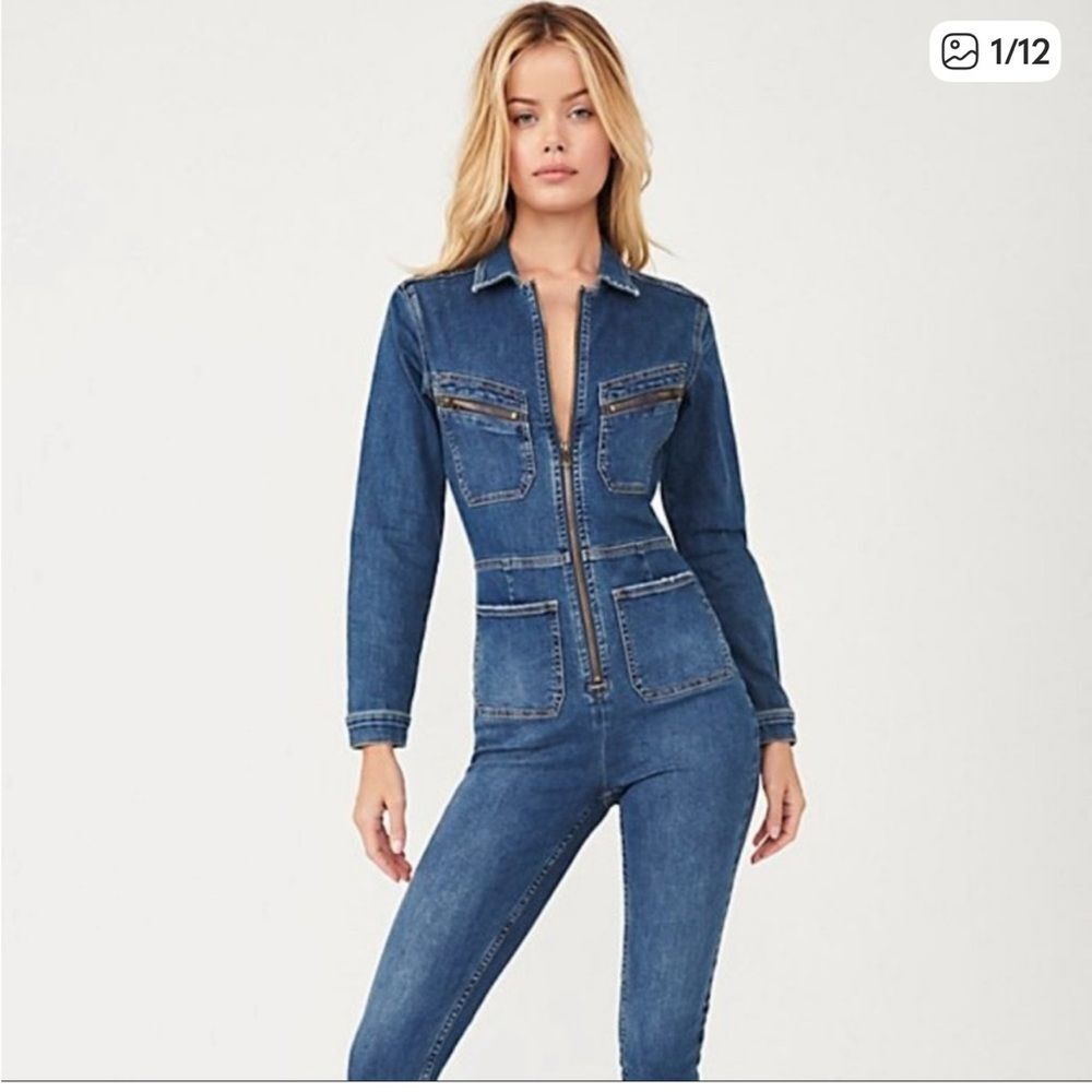 Free People Lennox Blue Denim Coverall Jumpsuit Zip Front Utility Fitted M